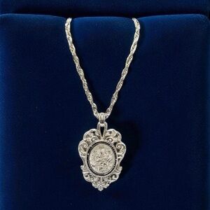 Vintage Lucien Piccard Victorian Figural Silver Tone Large Pendant Necklace